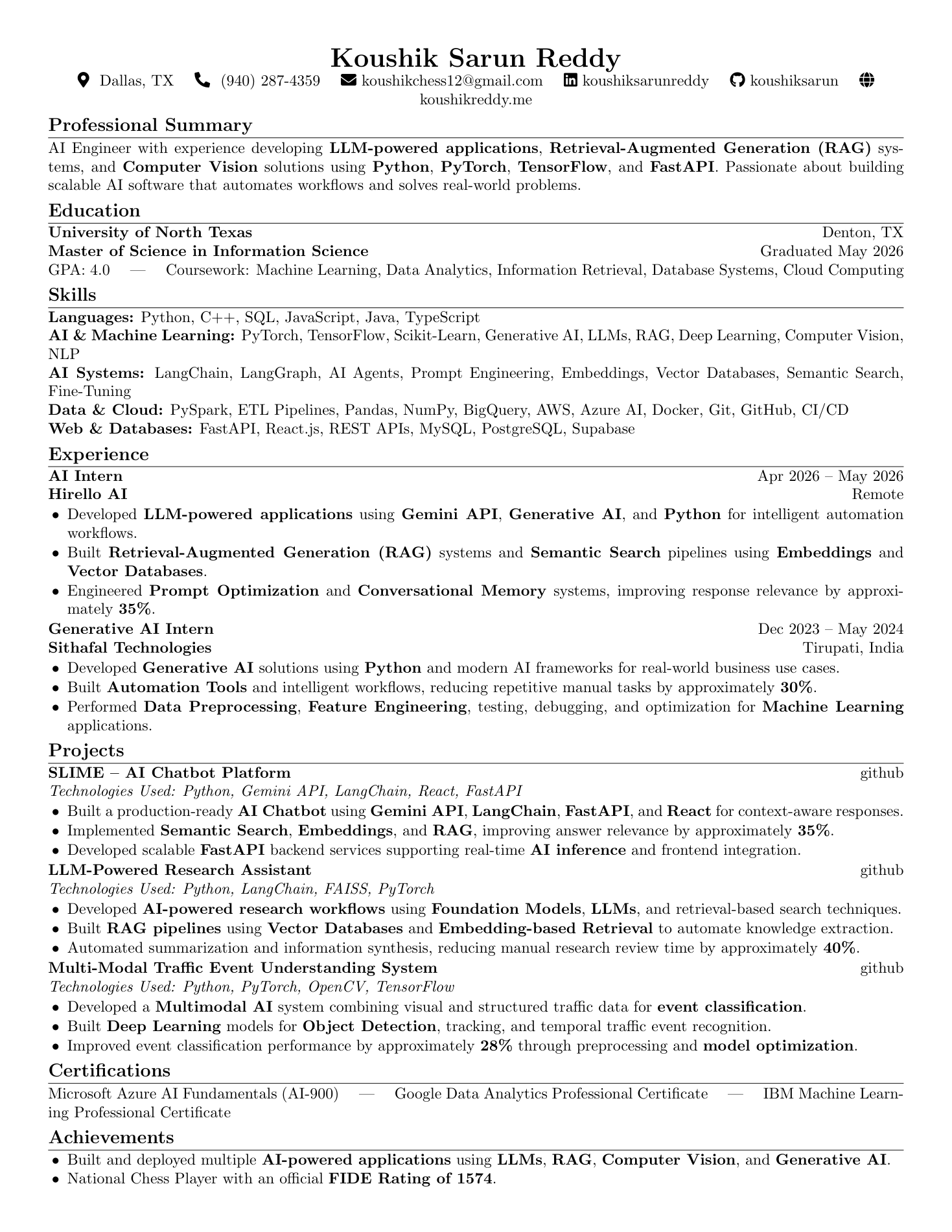 Preview of Koushik Sarun Reddy's resume